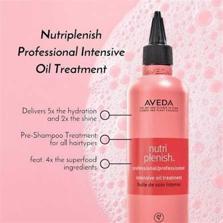 Nutriplenish Professional Oil Treatment bottle with hydration and shine claims for all hair types.
